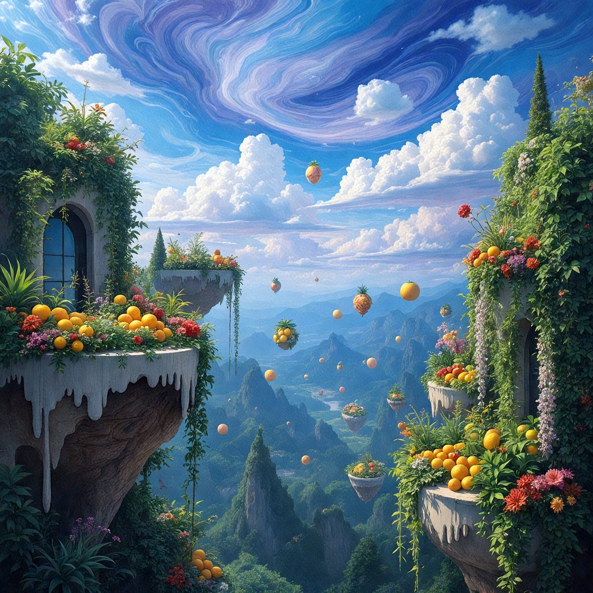 The primary subject of the image is a beautifully illustrated scene of a garden with a variety of fruits and vegetables. The garden is situated on a cliff, with a stunning view of the surrounding landscape. The visual style of the image is a combination of digital art and illustration, creating a vibrant and lush atmosphere. The colors and mood of the image are predominantly warm and inviting, with the fruits and vegetables adding a sense of freshness and vitality to the scene.
